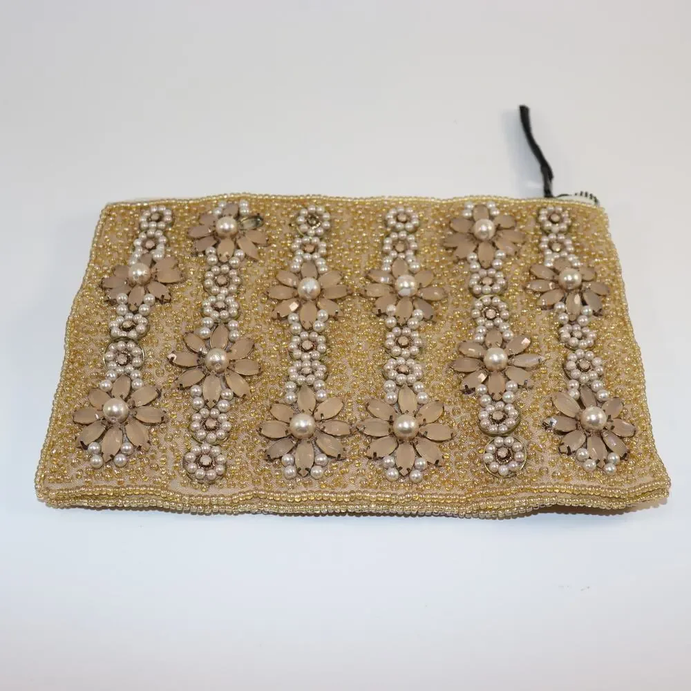 Vintage Beaded Floral Clutch w/ Pearls &‎ Gems – Gold Satin Lining